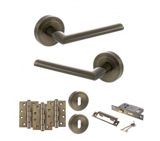 STATUS Alabama Door Handle Lock Pack (4 Fire Rated Hinges x3) - Antique Brass