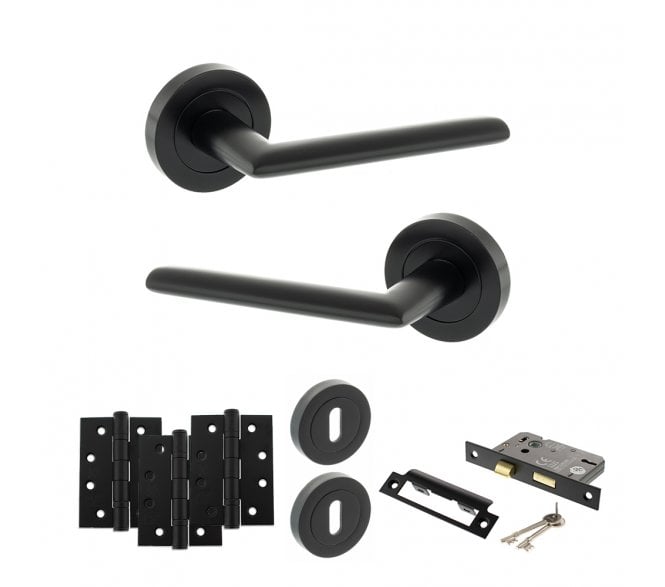 STATUS Alabama Door Handle Lock Pack (4 Fire Rated Hinges x3) - Matt Black