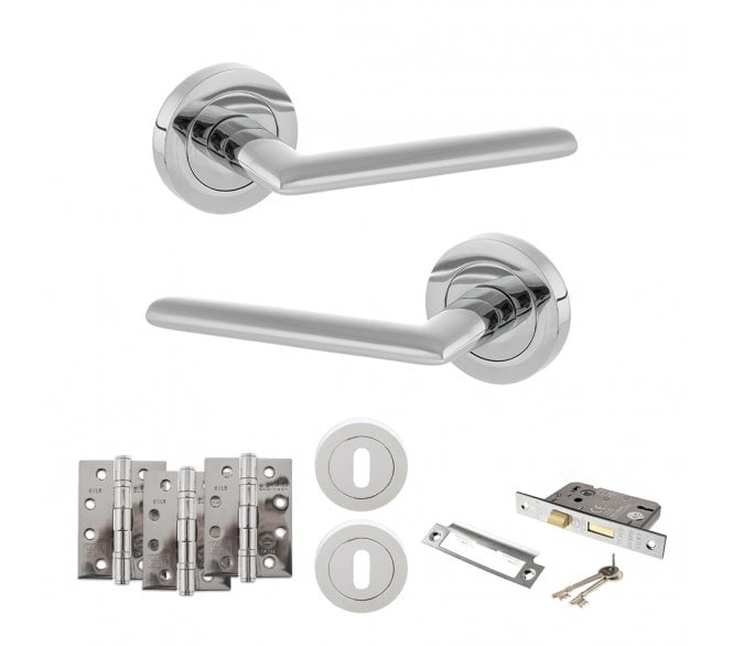 STATUS Alabama Door Handle Lock Pack (4 Fire Rated Hinges x3) - Polished Chrome