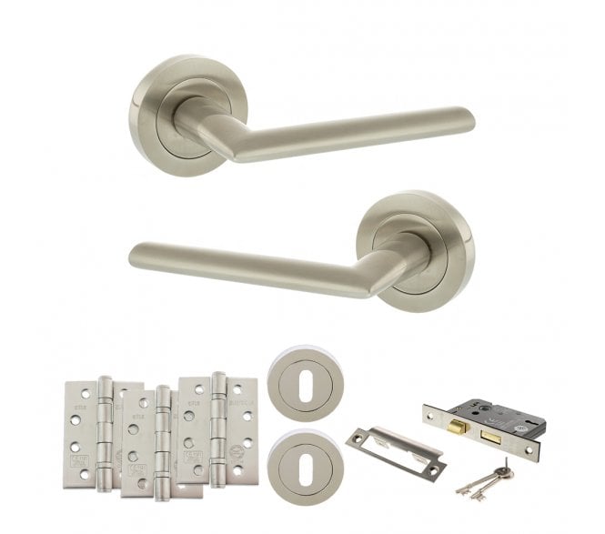 STATUS Alabama Door Handle Lock Pack (4 Fire Rated Hinges x3) - Satin Nickel