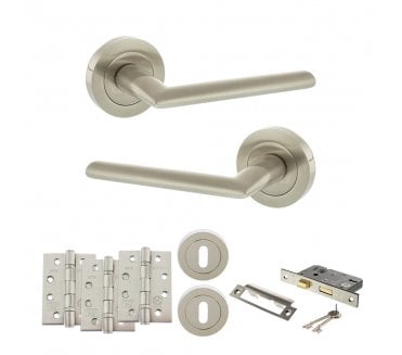 STATUS Alabama Door Handle Lock Pack (4 Fire Rated Hinges x3) - Satin Nickel