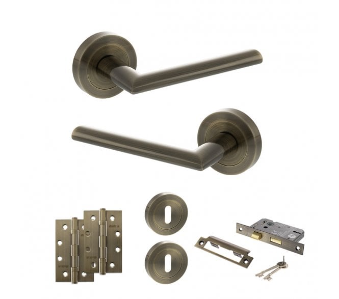 STATUS Alabama Door Handle Lock Pack (4 Slim Knuckle Hinges x2) - Antique Brass