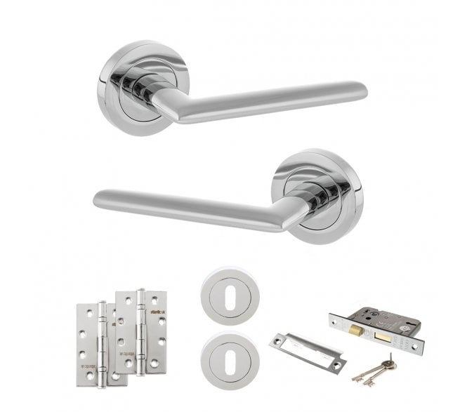 STATUS Alabama Door Handle Lock Pack (4 Slim Knuckle Hinges x2) - Polished Chrome