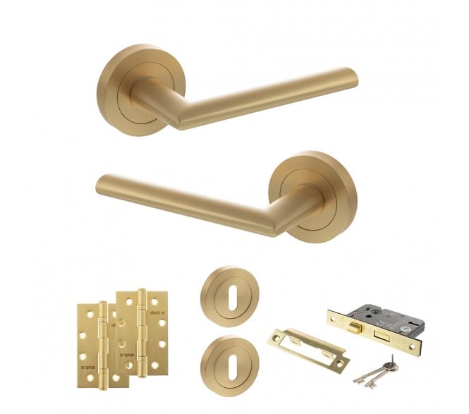 STATUS Alabama Door Handle Lock Pack (4 Slim Knuckle Hinges x2) - Satin Brass