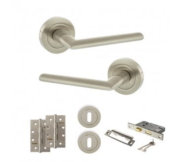 STATUS Alabama Door Handle Lock Pack (4 Slim Knuckle Hinges x2) - Satin Nickel