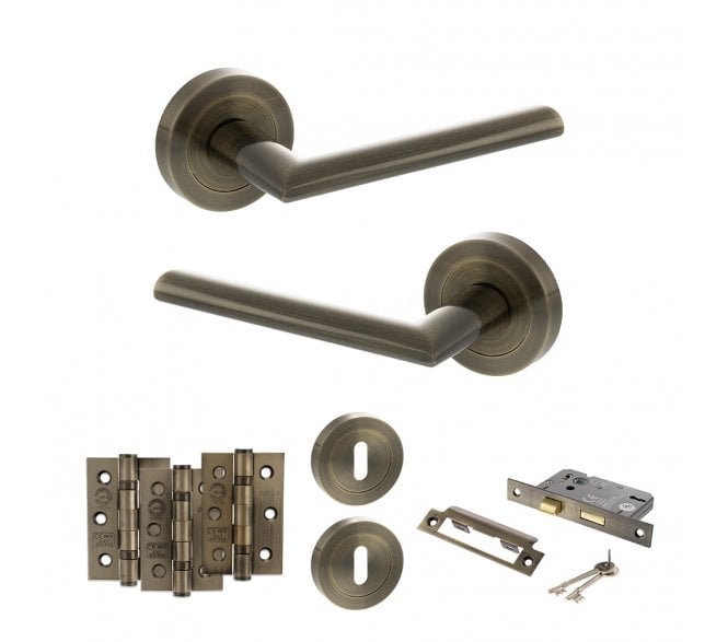 STATUS Alabama Door Handle Lock Pack (3 Ball Bearing Hinges x3) - Antique Brass