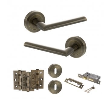 STATUS Alabama Door Handle Lock Pack (3 Ball Bearing Hinges x3) - Antique Brass