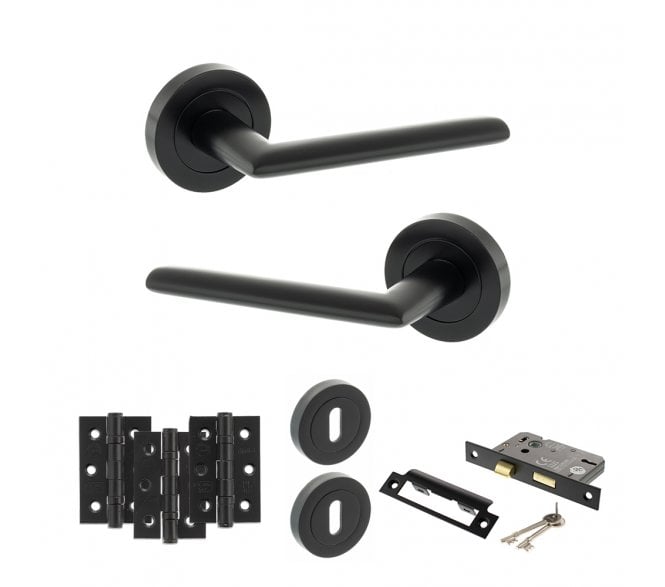STATUS Alabama Door Handle Lock Pack (3 Ball Bearing Hinges x3) - Matt Black