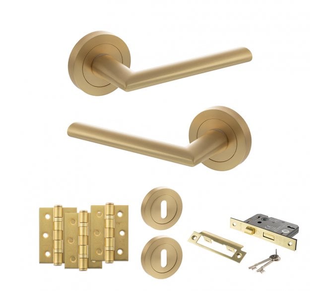 STATUS Alabama Door Handle Lock Pack (3 Ball Bearing Hinges x3) - Satin Brass
