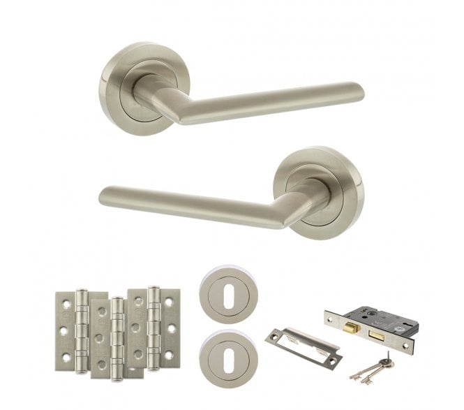 STATUS Alabama Door Handle Lock Pack (3 Ball Bearing Hinges x3) - Satin Nickel