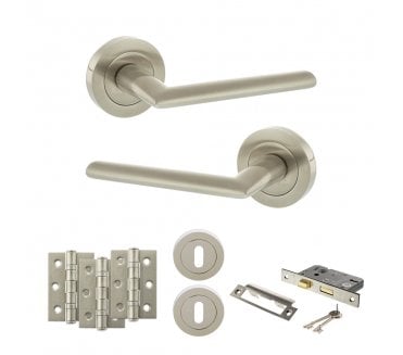 STATUS Alabama Door Handle Lock Pack (3 Ball Bearing Hinges x3) - Satin Nickel