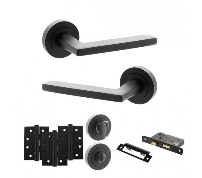 STATUS Alaska Door Handle  Bathroom Pack (4 Fire Rated Hinges x3) - Matt Black