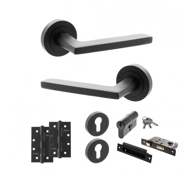 STATUS Alaska Door Handle Euro Profile Lock Pack (4 Slim Knuckle Hinges x2) - Matt Black