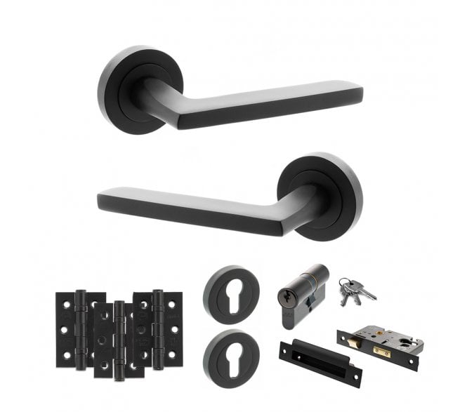 STATUS Alaska Door Handle Euro Profile Lock Pack (3 Ball Bearing Hinges x3) - Matt Black