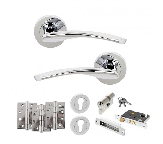 STATUS Arizona Door Handle Euro Profile Lock Pack (4 Fire Rated Hinges x3) - Polished Chrome