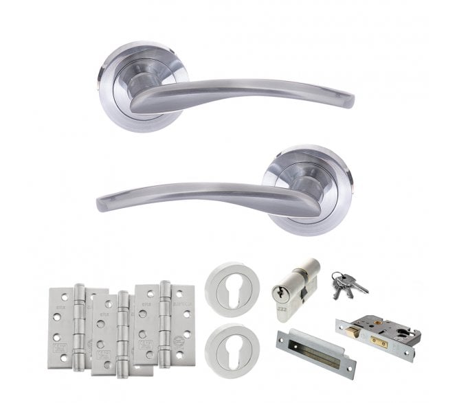 STATUS Arizona Door Handle Euro Profile Lock Pack (4 Fire Rated Hinges x3) - Satin Chrome