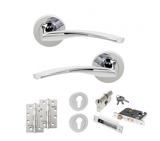 STATUS Arizona Door Handle Euro Profile Lock Pack (4 Slim Knuckle Hinges x2) - Polished Chrome