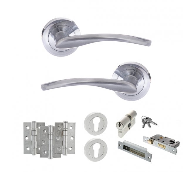 STATUS Arizona Door Handle Euro Profile Lock Pack (3 Ball Bearing Hinges x3) - Satin Chrome