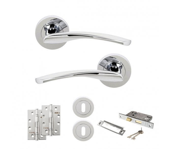 STATUS Arizona Door Handle Lock Pack (4 Slim Knuckle Hinges x2) - Polished Chrome