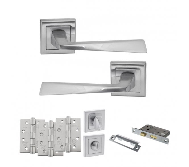 STATUS California Door Handle Bathroom Pack (4 Fire Rated Hinges x3) - Satin Chrome