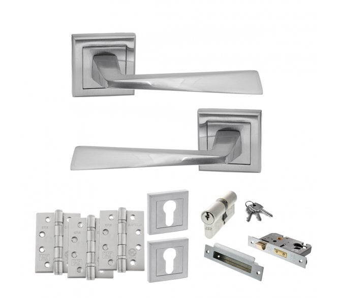 STATUS California Door Handle Euro Profile Lock Pack (4 Fire Rated Hinges x3) - Satin Chrome