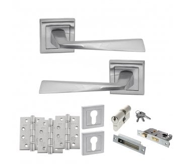 STATUS California Door Handle Euro Profile Lock Pack (4 Fire Rated Hinges x3) - Satin Chrome