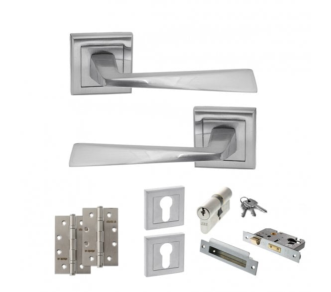 STATUS California Door Handle Euro Profile Lock Pack (4 Slim Knuckle Hinges x2) - Satin Chrome