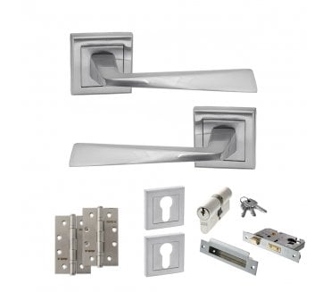 STATUS California Door Handle Euro Profile Lock Pack (4 Slim Knuckle Hinges x2) - Satin Chrome