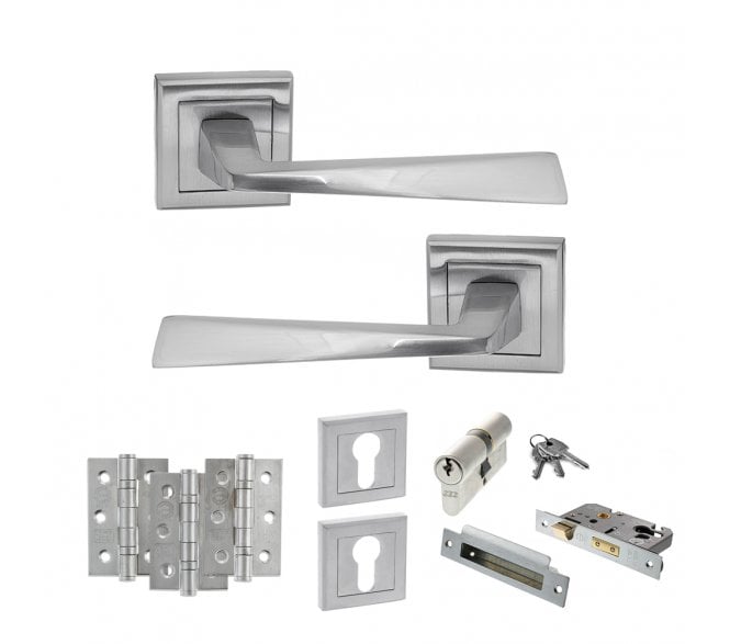 STATUS California Door Handle Euro Profile Lock Pack (3 Ball Bearing Hinges x3) - Satin Chrome