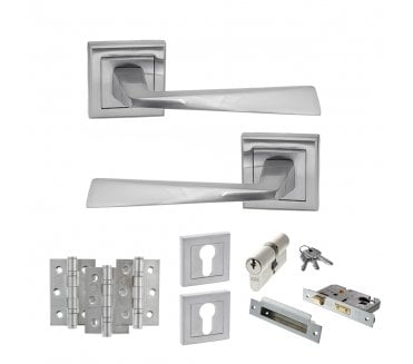 STATUS California Door Handle Euro Profile Lock Pack (3 Ball Bearing Hinges x3) - Satin Chrome