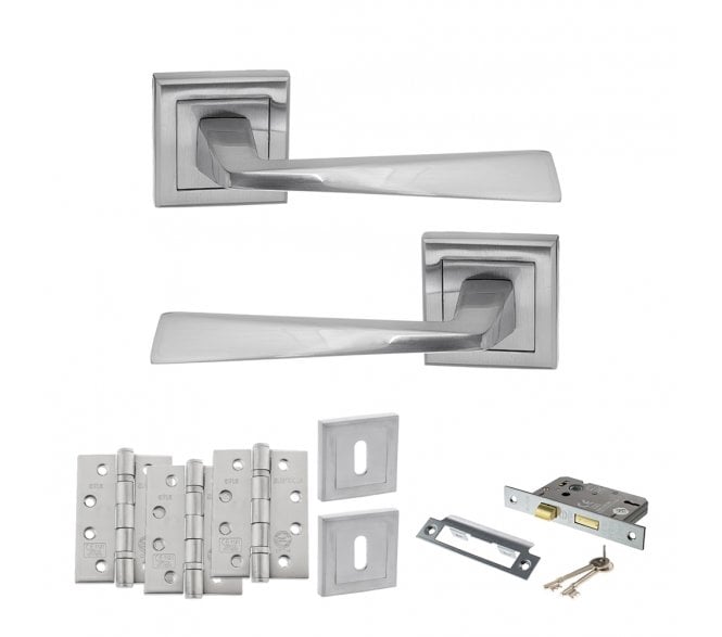 STATUS California Door Handle Lock Pack (4 Fire Rated Hinges x3) - Satin Chrome
