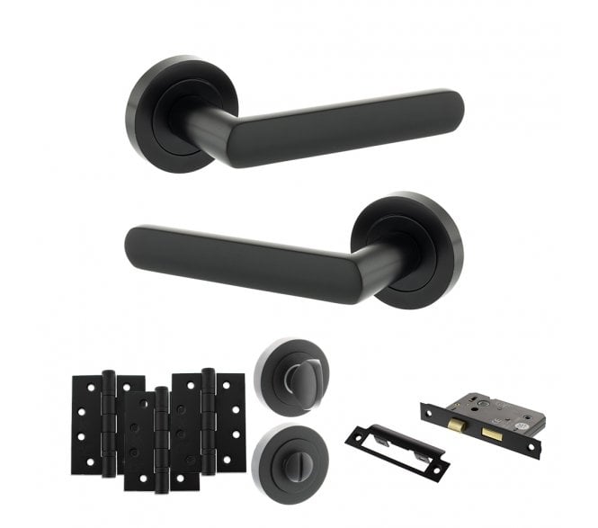STATUS Carolina Door Handle Bathroom Pack (4 Fire Rated Hinges x3) - Matt Black