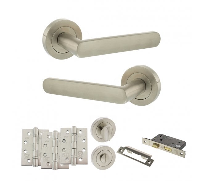 STATUS Carolina Door Handle Bathroom Pack (4 Fire Rated Hinges x3) - Satin Nickel
