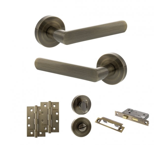 STATUS Carolina Door Handle Bathroom Pack (4 Slim Knuckle Hinges x2) - Antique Brass