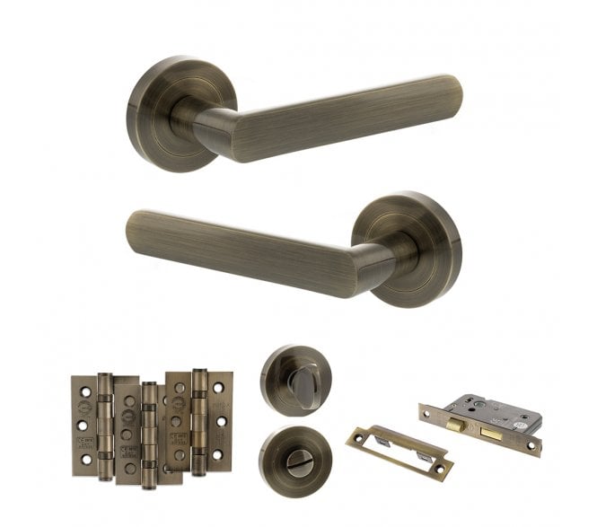 STATUS Carolina Door Handle Bathroom Pack (3 Ball Bearing Hinges x3) - Antique Brass