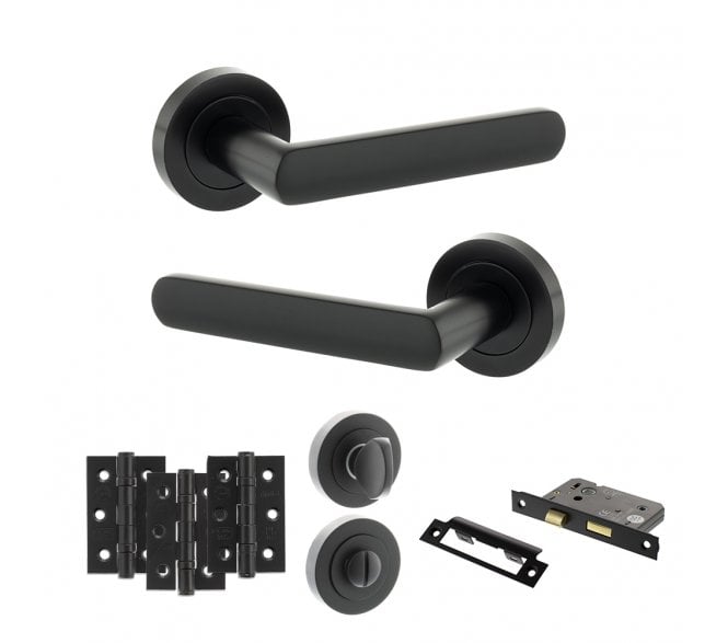 STATUS Carolina Door Handle Bathroom Pack (3 Ball Bearing Hinges x3) - Matt Black