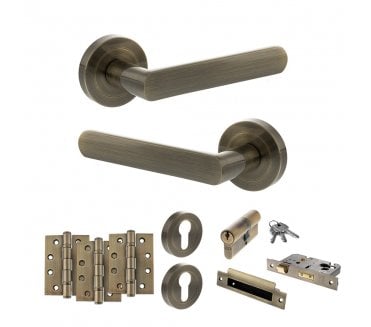 STATUS Carolina Door Handle Euro Profile Lock Pack (4 Fire Rated Hinges x3) - Antique Brass