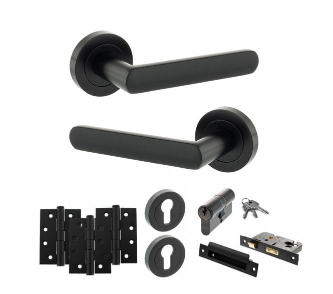 STATUS Carolina Door Handle Euro Profile Lock Pack (4 Fire Rated Hinges x3) - Matt Black