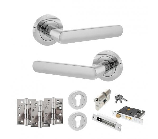 STATUS Carolina Door Handle Euro Profile Lock Pack (4 Fire Rated Hinges x3) - Polished Chrome