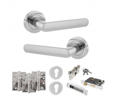 STATUS Carolina Door Handle Euro Profile Lock Pack (4 Fire Rated Hinges x3) - Polished Chrome