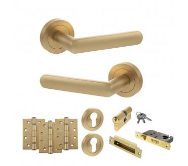 STATUS Carolina Door Handle Euro Profile Lock Pack (4 Fire Rated Hinges x3) - Satin Brass