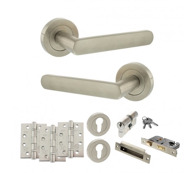 STATUS Carolina Door Handle Euro Profile Lock Pack (4 Fire Rated Hinges x3) - Satin Nickel