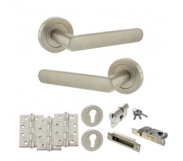STATUS Carolina Door Handle Euro Profile Lock Pack (4 Fire Rated Hinges x3) - Satin Nickel