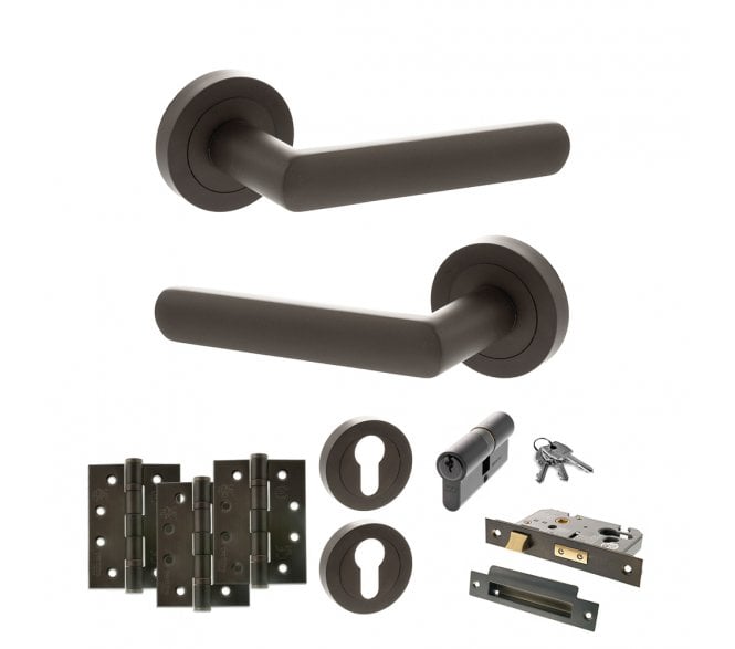 STATUS Carolina Door Handle Euro Profile Lock Pack (4 Fire Rated Hinges x3) - Urban Dark Bronze