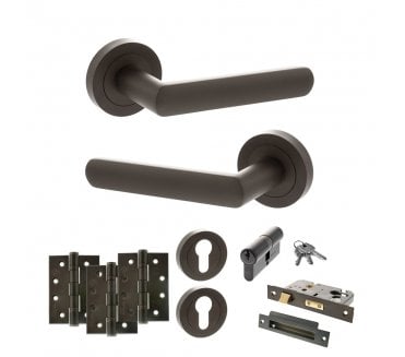 STATUS Carolina Door Handle Euro Profile Lock Pack (4 Fire Rated Hinges x3) - Urban Dark Bronze