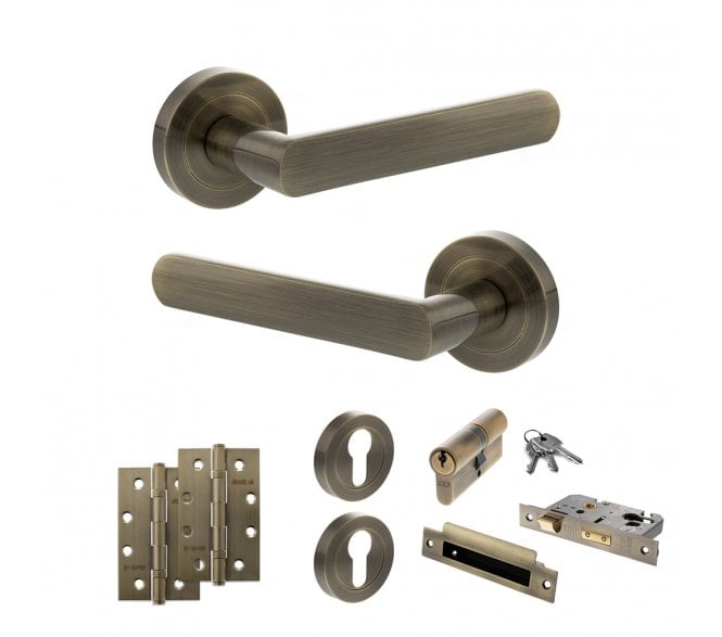 STATUS Carolina Door Handle Euro Profile Lock Pack (4 Slim Knuckle Hinges x2) - Antique Brass