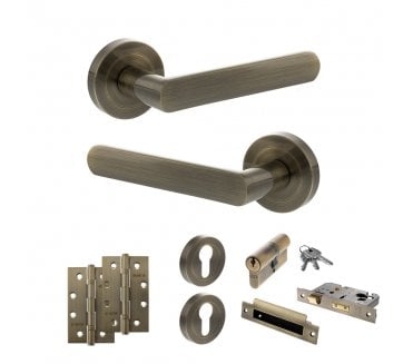 STATUS Carolina Door Handle Euro Profile Lock Pack (4 Slim Knuckle Hinges x2) - Antique Brass