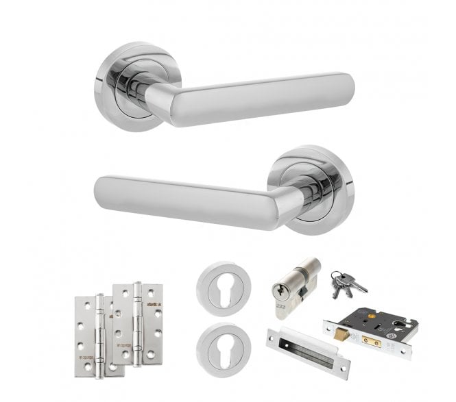 STATUS Carolina Door Handle Euro Profile Lock Pack (4 Slim Knuckle Hinges x2) - Polished Chrome