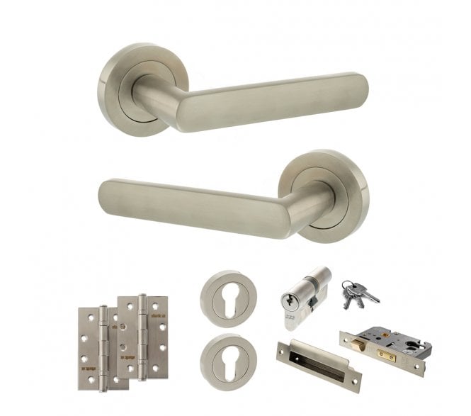 STATUS Carolina Door Handle Euro Profile Lock Pack (4 Slim Knuckle Hinges x2) - Satin Nickel