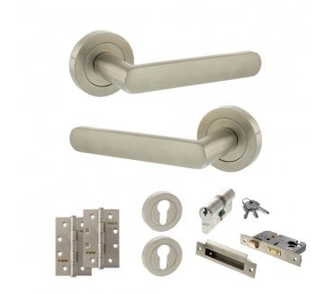 STATUS Carolina Door Handle Euro Profile Lock Pack (4 Slim Knuckle Hinges x2) - Satin Nickel